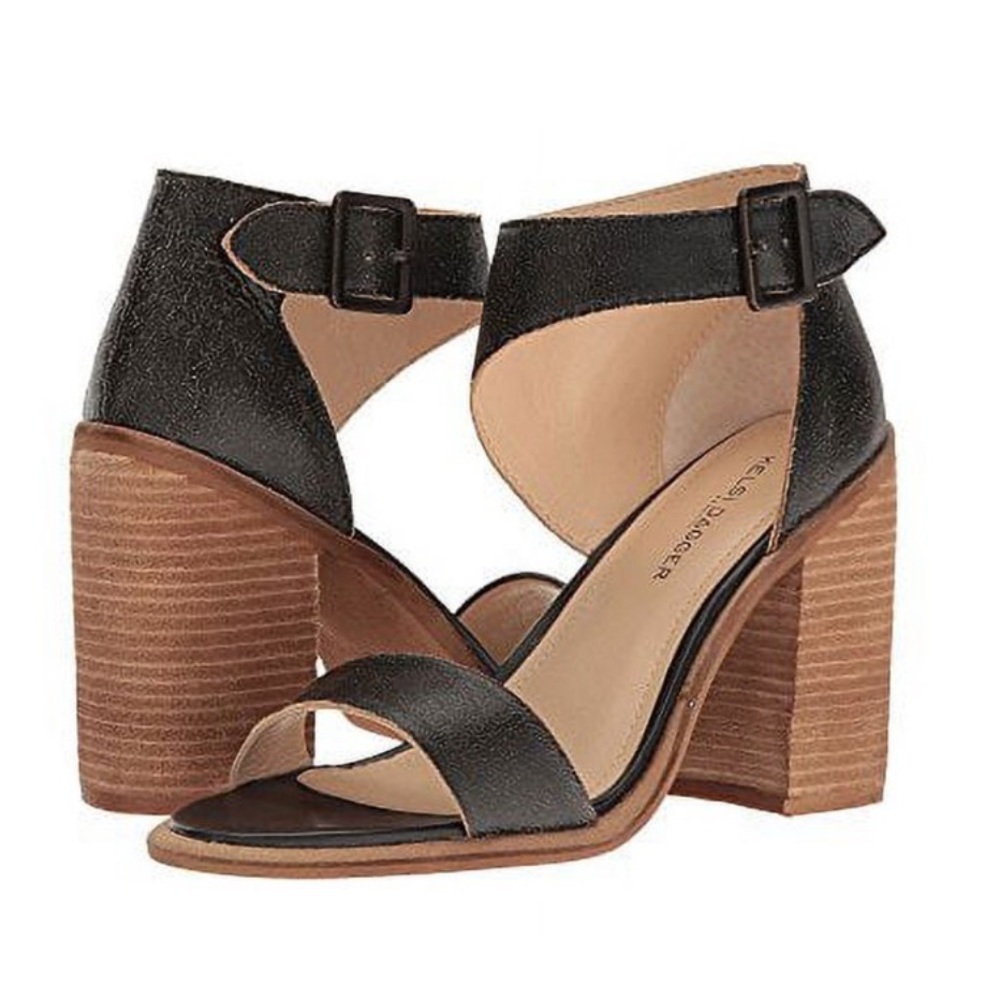 Kelsi Dagger Mayfair Distressed Black Leather Heels, size 6 wood block heel